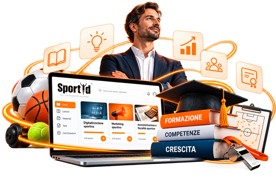 Formazione sportiva digitale con laptop e icone dinamiche
